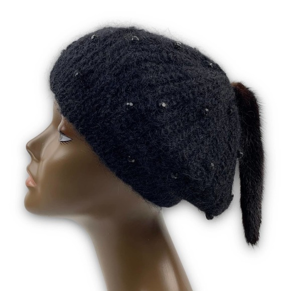 70's Italian mink tail mohair wool beaded beret winter hat - Picture 12 of 14